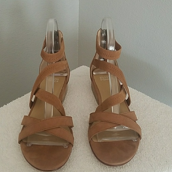 Eileen Fisher Eva Camel Leather Dress Sandals - Picture 2 of 7